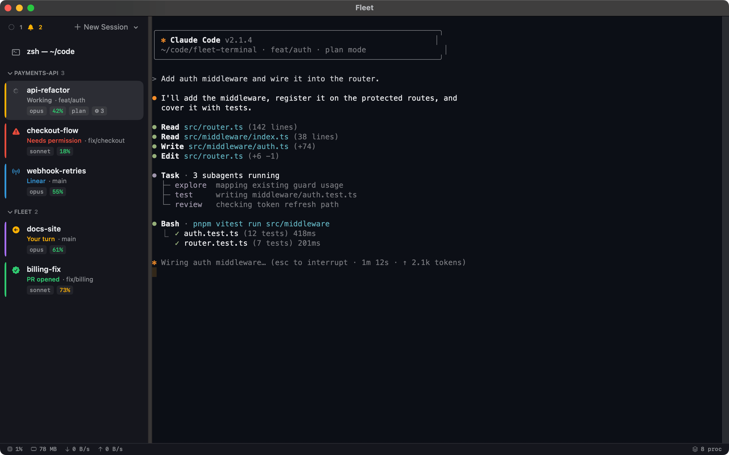 Fleet running six sessions — a live status sidebar on the left, an active Claude Code session on the right
