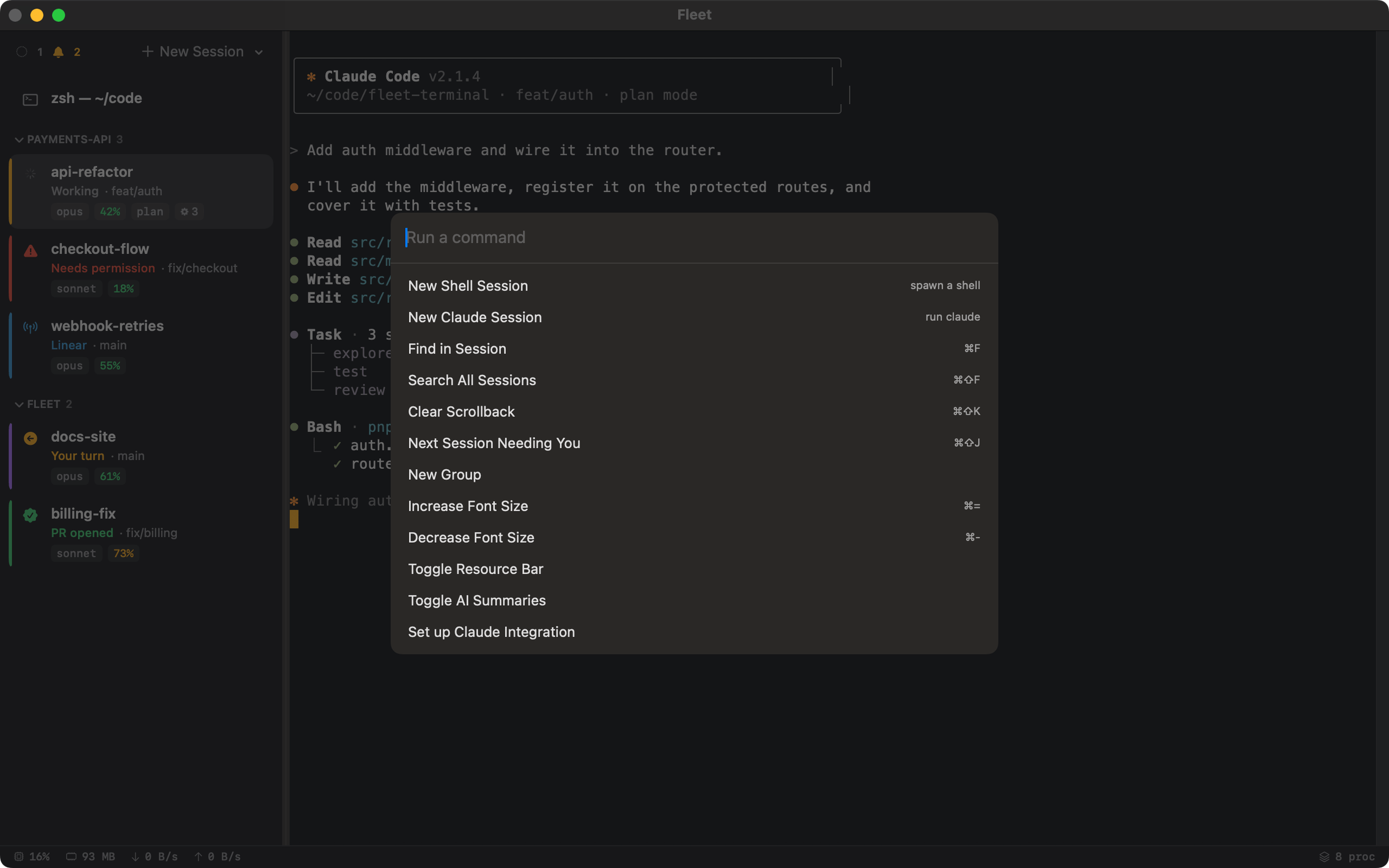 Fleet command palette listing actions with their keyboard shortcuts