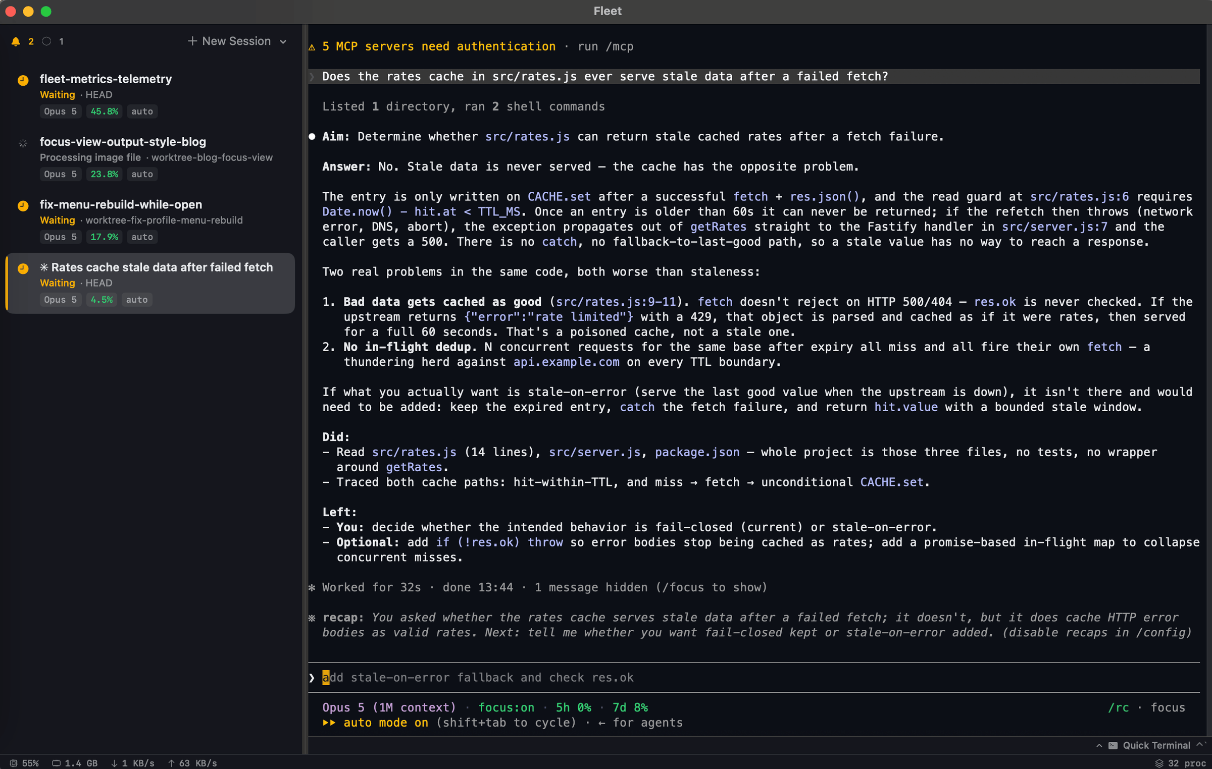 A Claude Code session in focus view: the prompt, one line reading Listed 1 directory ran 2 shell commands, and a reply in four labelled sections named Aim, Answer, Did and Left