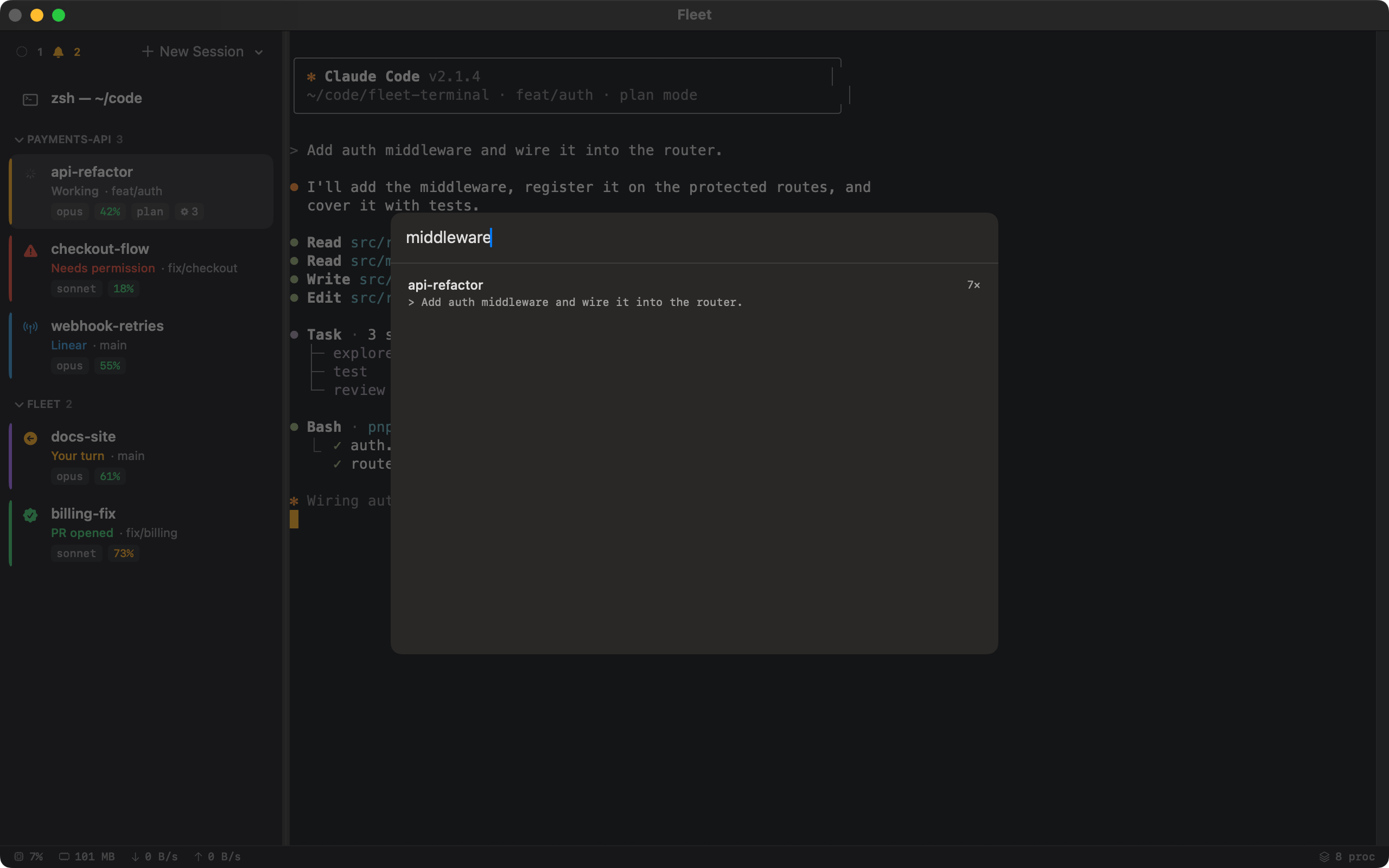 Searching all Fleet sessions for “middleware”, showing 7 matches in the api-refactor session