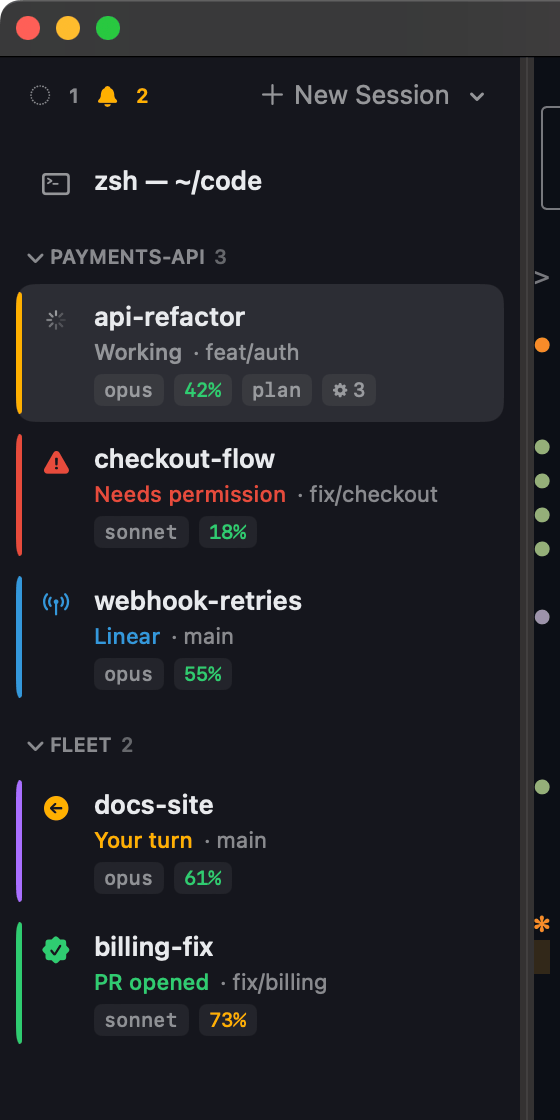 Fleet sidebar showing six sessions: api-refactor working, checkout-flow needing permission, webhook-retries on an MCP call, docs-site waiting on you, billing-fix with a PR opened